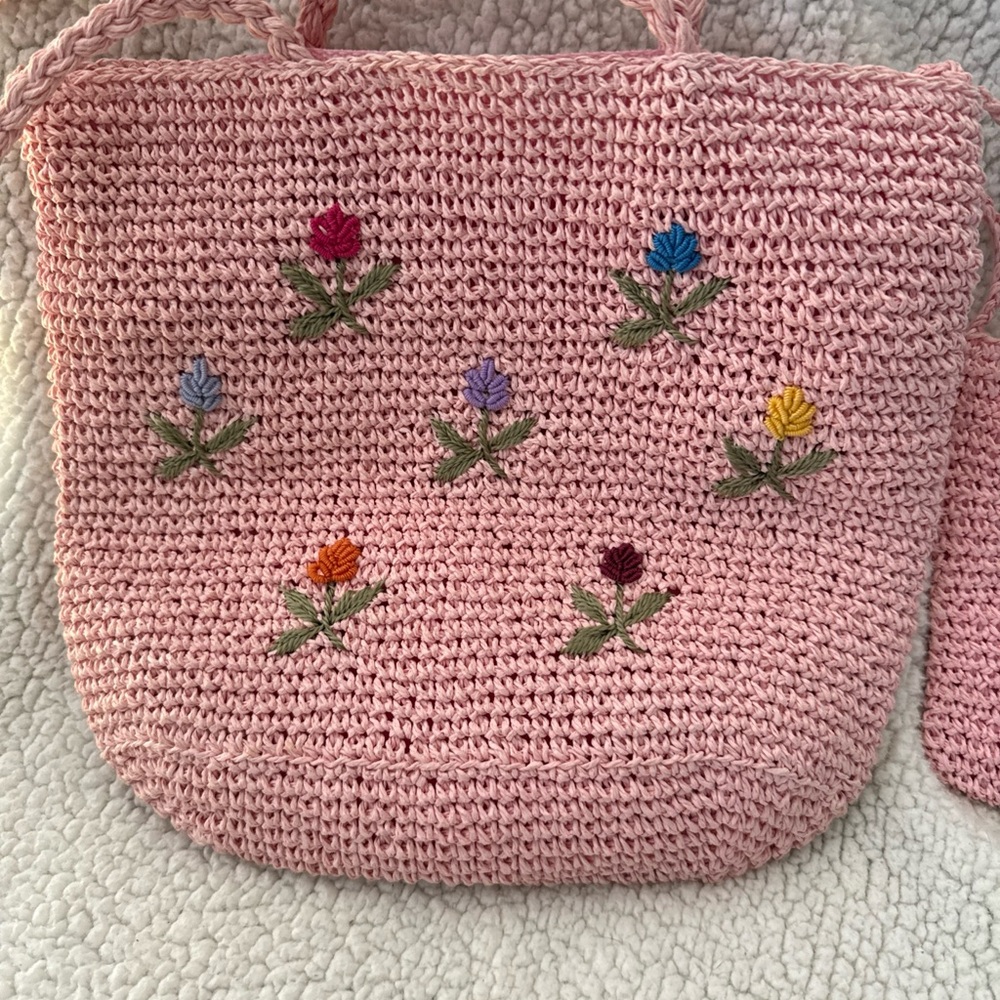 Charter club Pink straw Crochet Tote Bag with Floral Embroidery - Picture 2 of 7